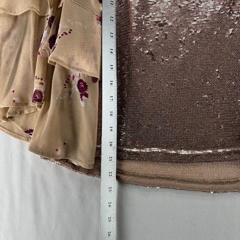 Free People Top Size S Shimmy & Shake Sequin Floral Tiered Bell Sleeve Brown - Picture 12 of 12
